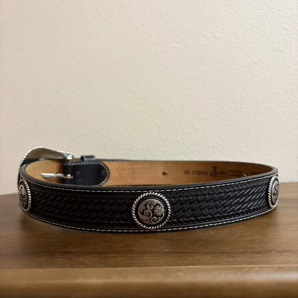 Justin Belt 32 Men Black Leather Basketweave Western Concho Silver Buckle USA